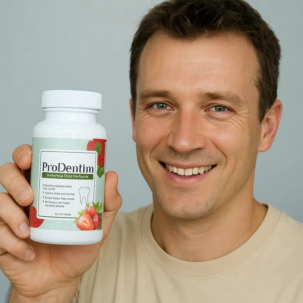 Ryan Mitchell showing his ProDentim bottle